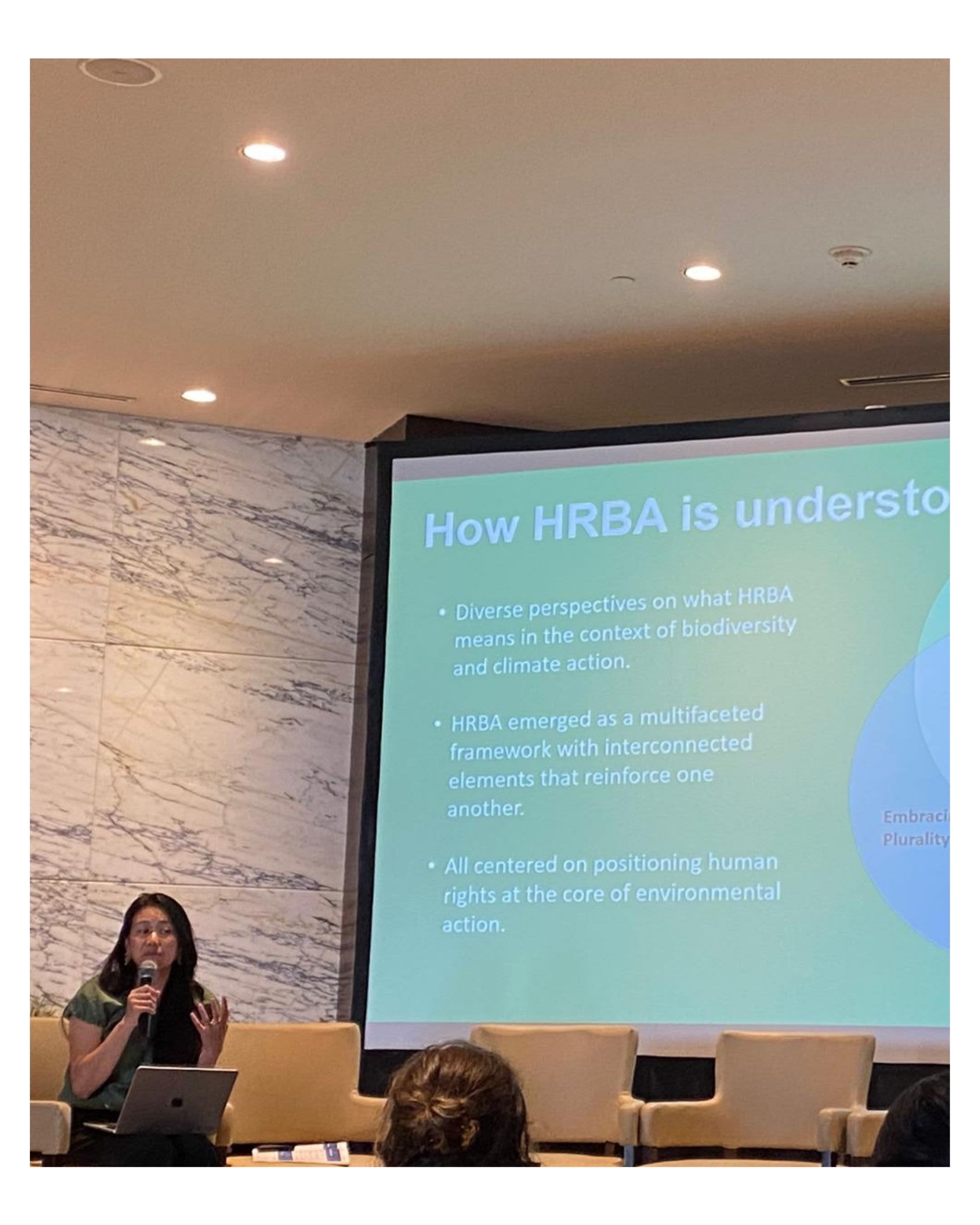 A presenter explains how the Human Rights-Based Approach (HRBA) is understood in the context of biodiversity and climate action during the “Inclusive Conversations” event.