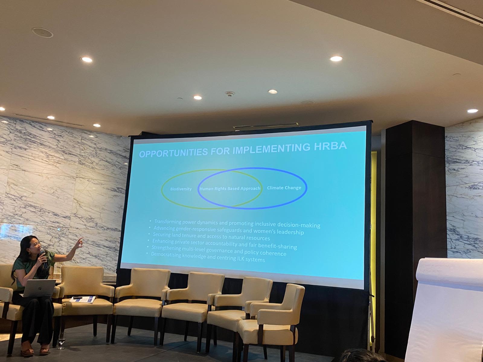 A presenter discusses opportunities for implementing a human rights-based approach linking biodiversity and climate change during the “Inclusive Conversations” event.