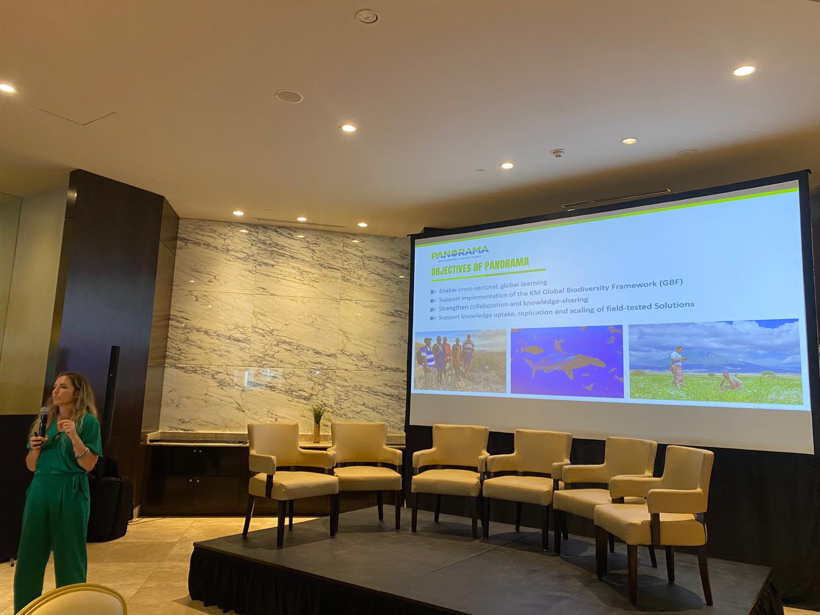 A presenter speaks about the objectives of PANORAMA during the “Inclusive Conversations” event on advancing a human rights-based approach for biodiversity and climate.