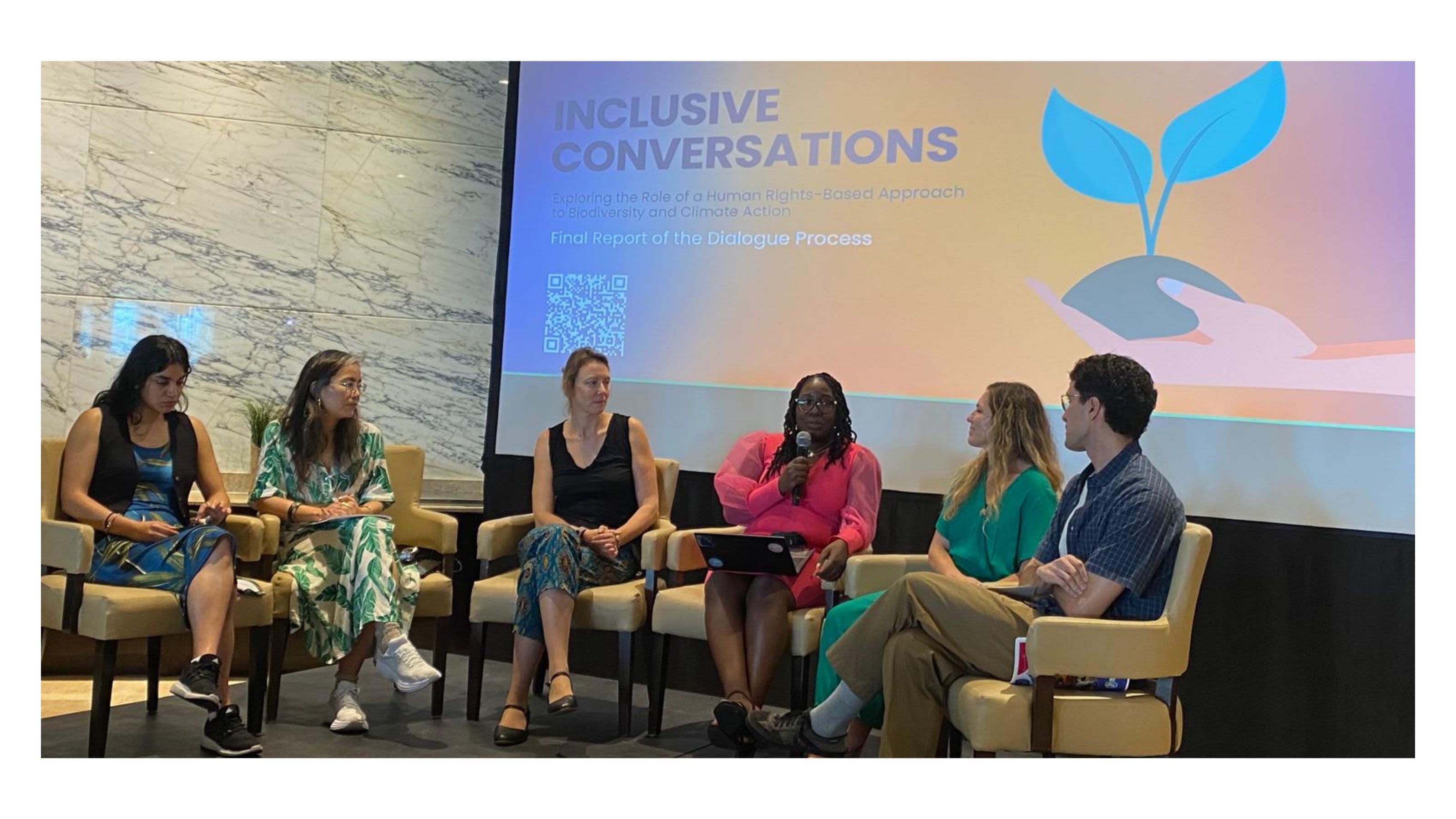 Panelists engage in a discussion on advancing a human rights-based approach for biodiversity and climate action during the “Inclusive Conversations” event.