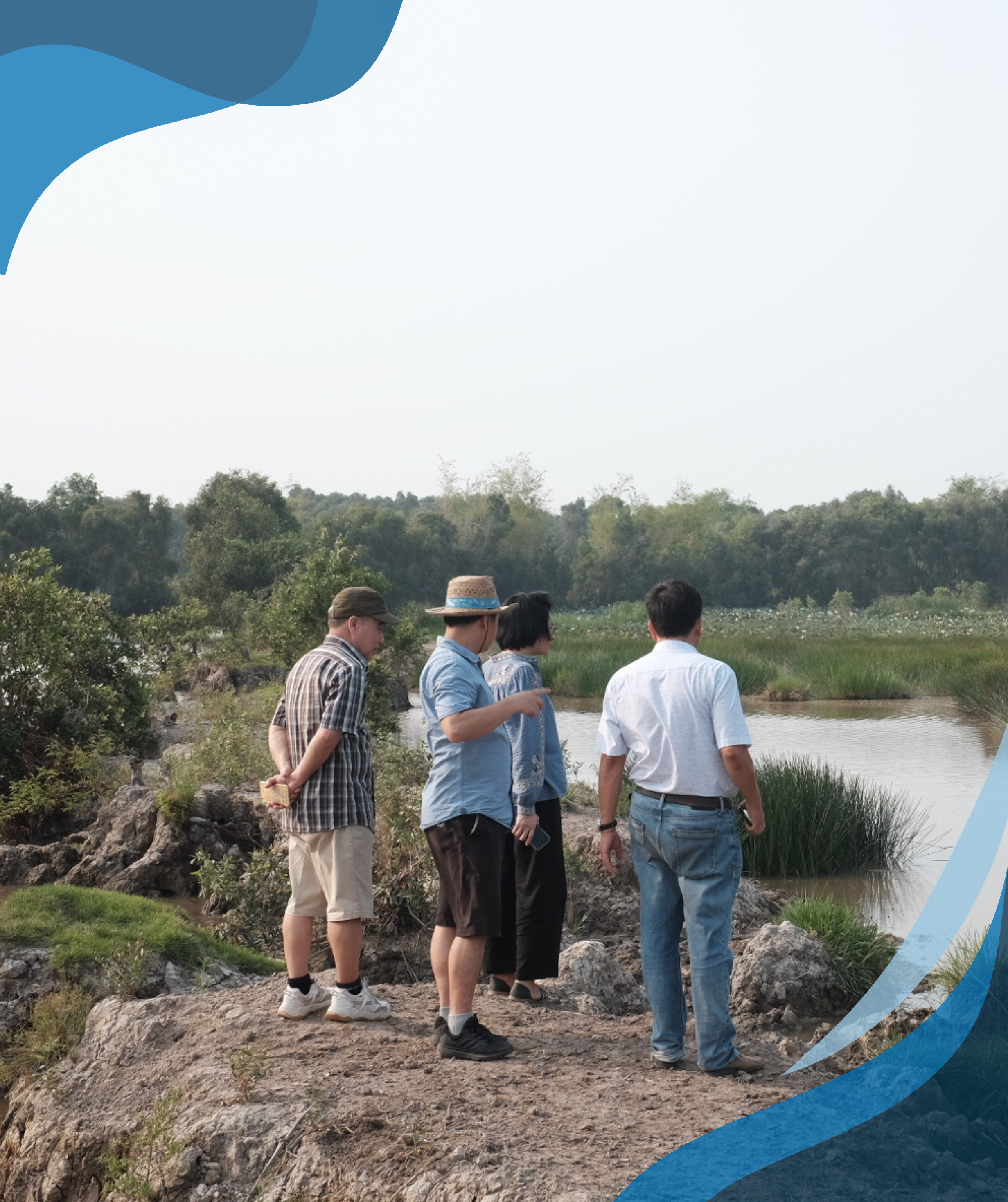 Four people standing on a rocky edge overlooking a wetland area with dense green vegetation and water, engaged in discussion or observation.