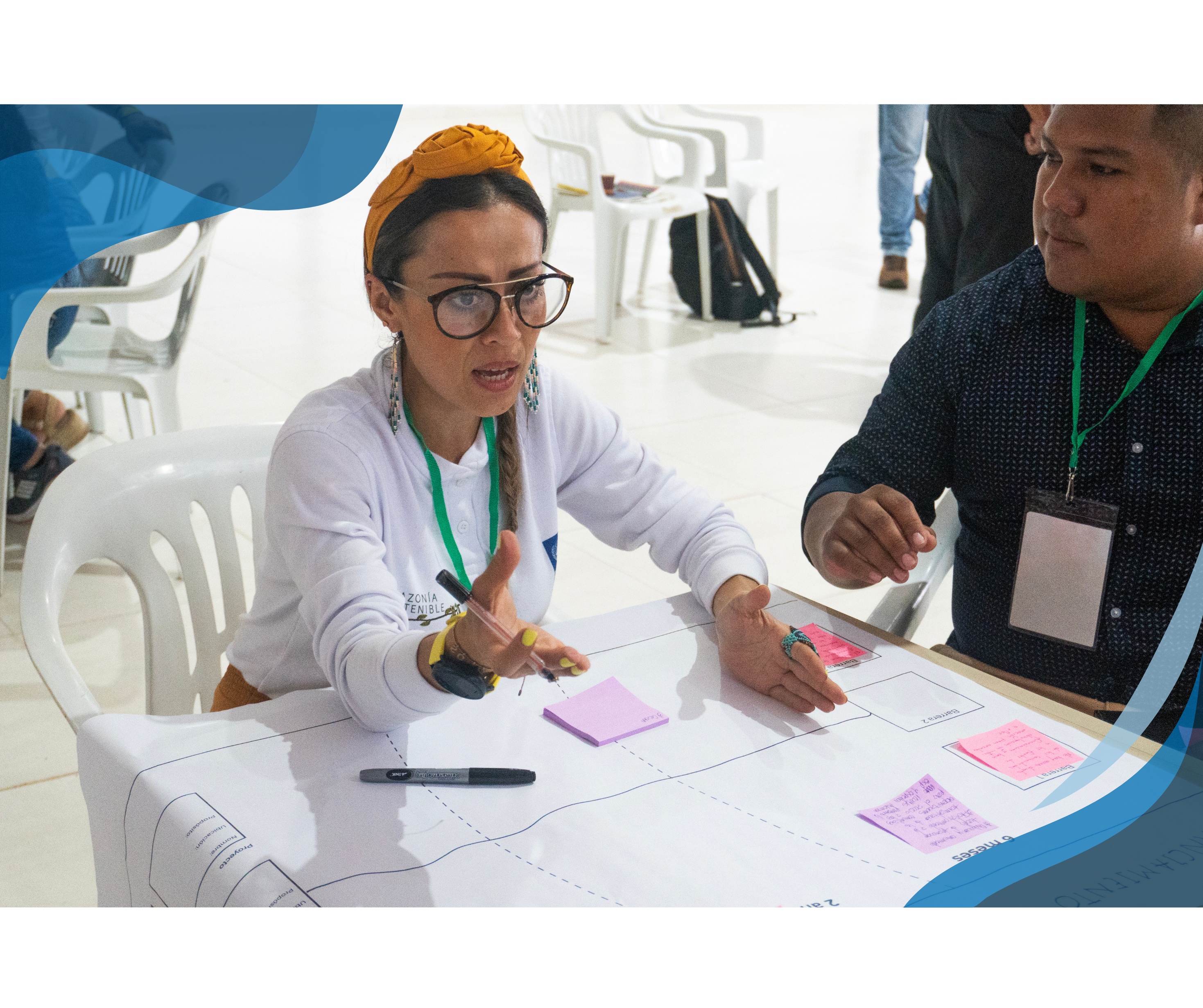 A woman wearing glasses and a yellow headband engages in a discussion, gesturing while sitting at a table with sticky notes and charts during a workshop session.