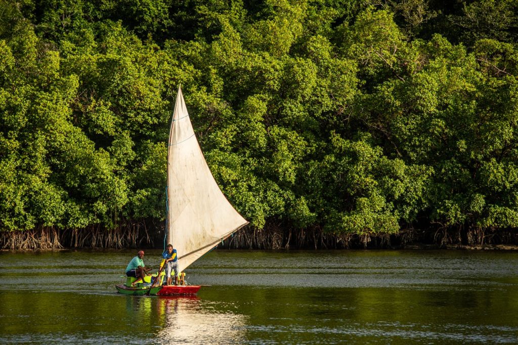 men in red and green sailboat