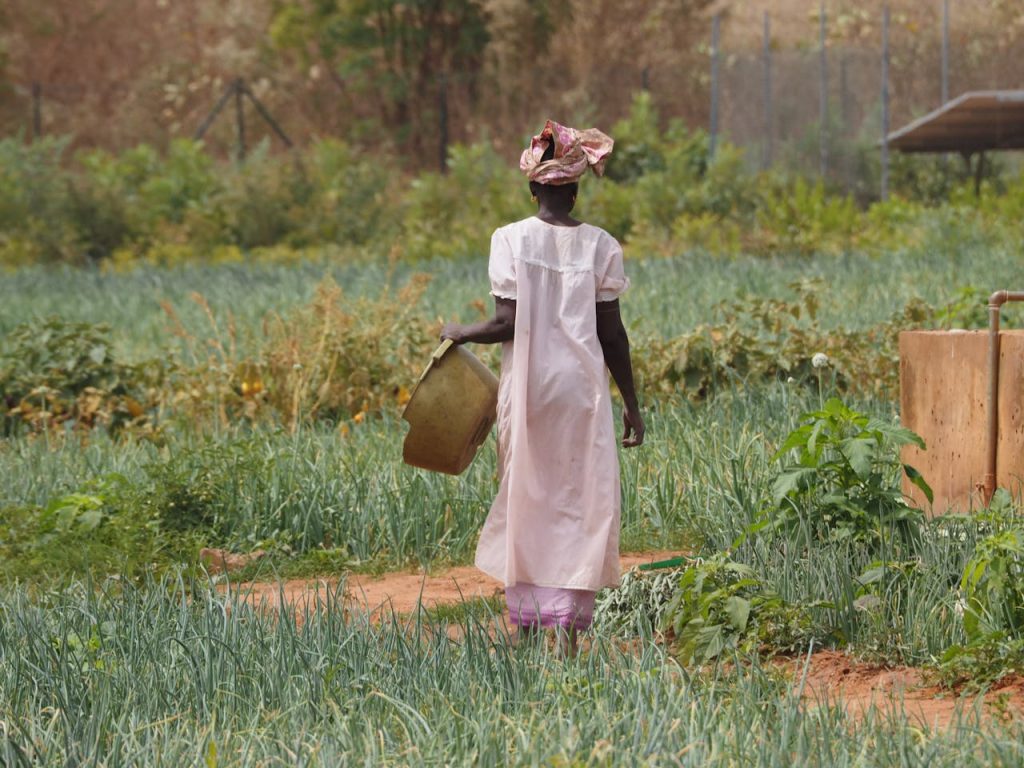 a woman holding a bucket at a garden